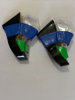 💙💚Nine West Colorblock Patent Platform Wedge Slide Sandals Blue Green Black| sz9